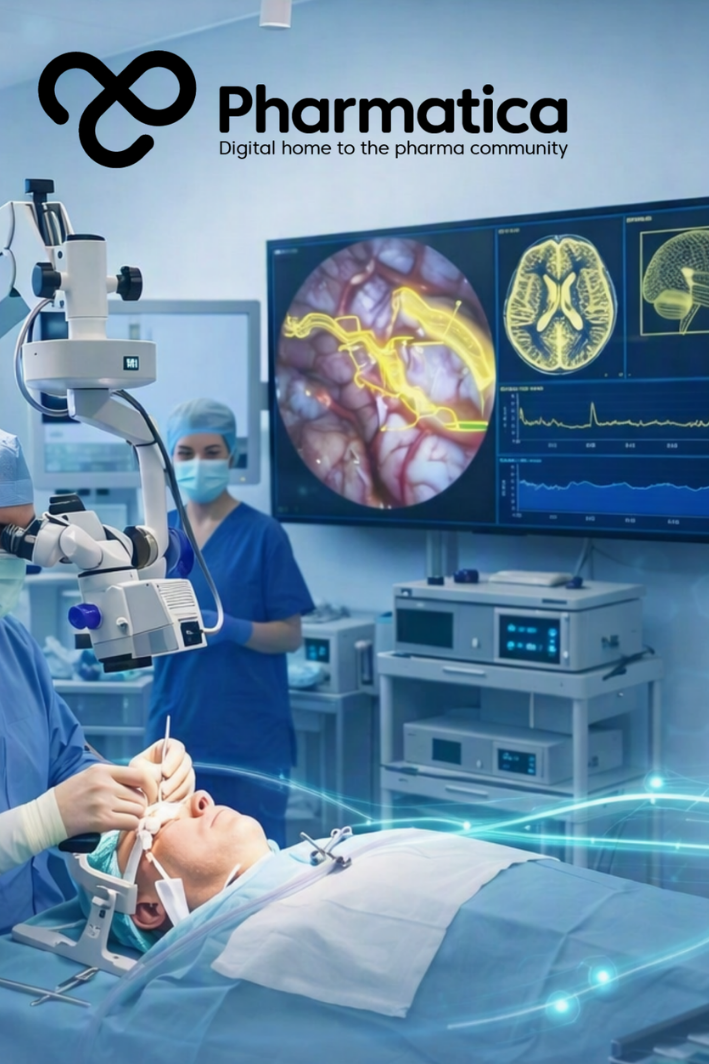 Pharmatica photo‑realistic image of an operating theatre showing surgeons performing AI‑assisted brain surgery under bright ambient light, with monitors displaying glowing yellow neural pathways and blue data overlays, representing real‑time computer vision guidance and surgical precision.