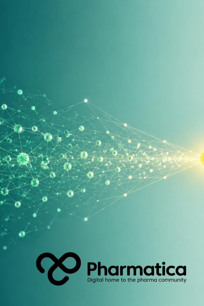 Pharmatica image showing dense green data nodes that converge on one illuminated point, symbolising AI in drug discovery.