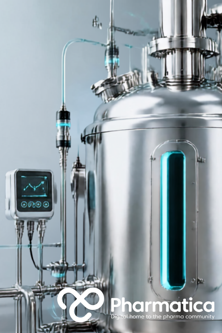 Pharmatica image of a pharmaceutical bioprocessing facility with stainless-steel bioreactors, process sensors, and connected digital manufacturing systems.