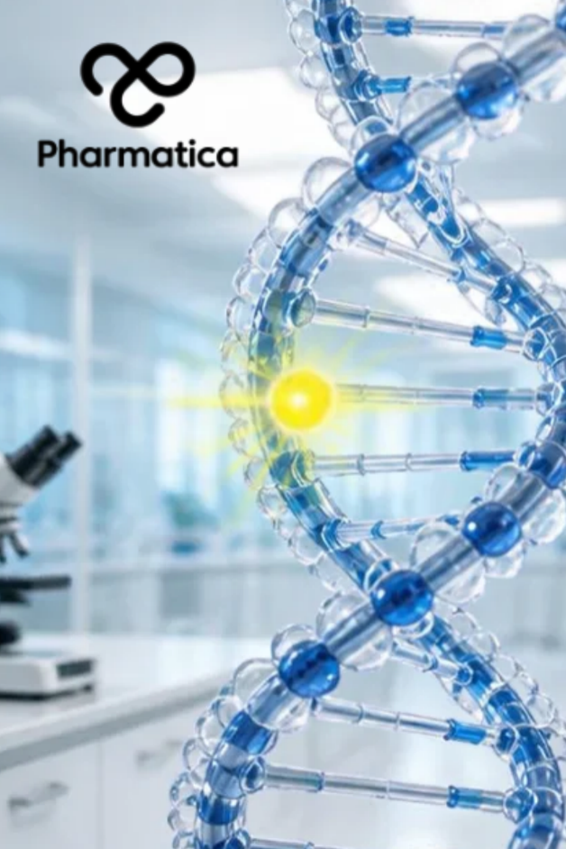 Pharmatica image showing a glowing yellow AI light tracing a blue DNA double helix through bacteriophage viruses, representing Claude&rsquo;s search for a CRISPR-like enzyme system.