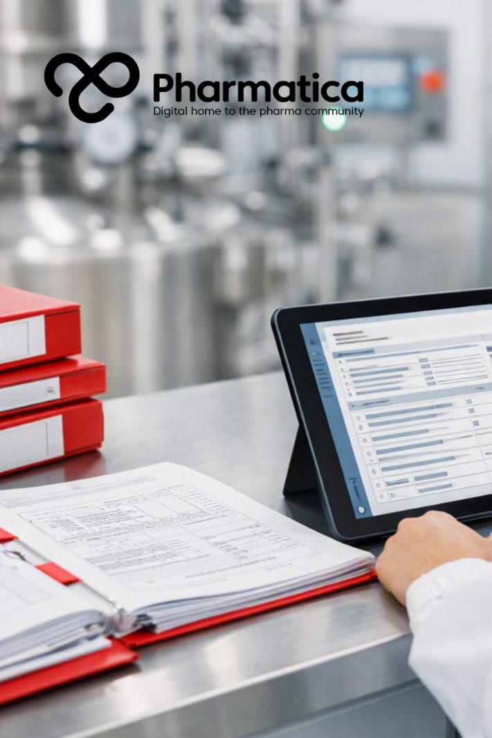 Pharmatica image of a quality professional reviewing AI-assisted CGMP documentation in a pharmaceutical manufacturing environment.