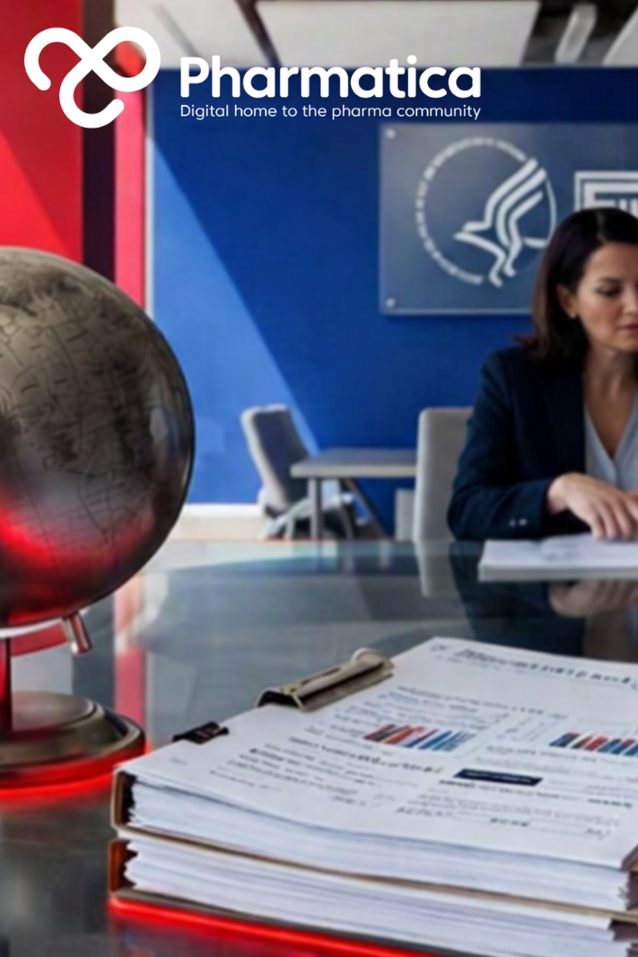 Pharmatica photo‑realistic representation of an FDA office interior showing two professionals reviewing clinical trial documents at a glass table with a metallic globe, vivid red window panels, and a frosted glass FDA logo on the blue wall, symbolising global clinical development, regulatory oversight, and data integrity.