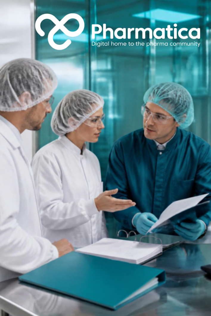 Pharmatica image of a pharmaceutical GMP inspection team reviewing manufacturing operations, quality records, and regulatory compliance in a modern facility.