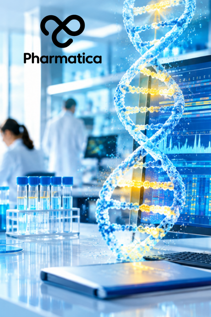 Pharmatica image representing the AlphaGenome Atlas genomic AI map with single-nucleotide variant prediction across the human genome.