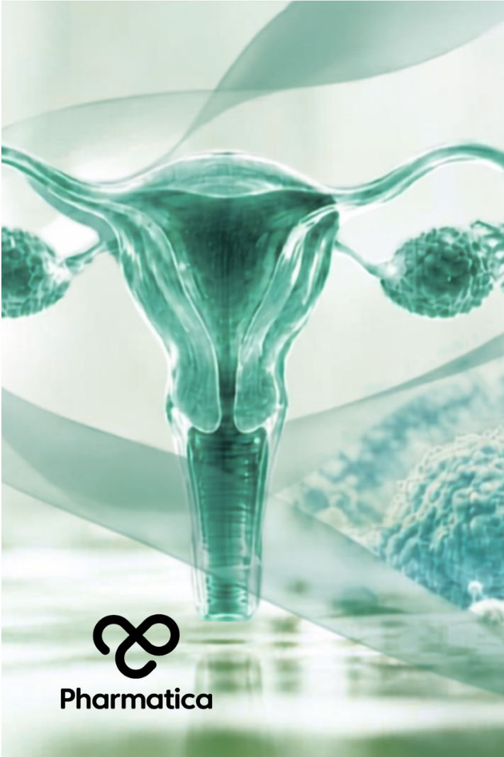 Pharmatica image of a medical laboratory background featuring a 3D medical illustration of the female reproductive system with glowing ovaries and uterus, representing gynaecological cancer pharma research.