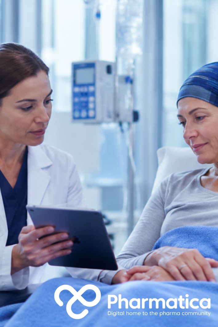 Pharmatica photo‑realistic editorial image of a healthcare professional discussing clinical data with a patient in a modern hospital setting, symbolising compassionate care and digital innovation in gynaecological oncology trials and clinical development.