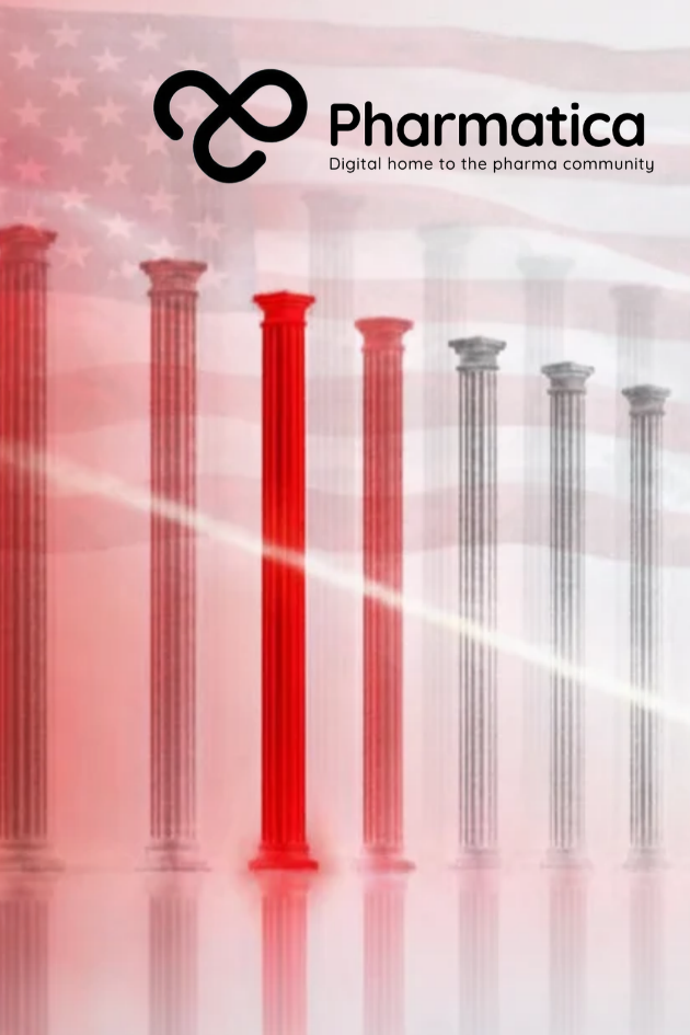 Pharmatica image of a receding row of pale columns with one highlighted in vivid red, symbolising scrutiny at the new FDA Commissioner&rsquo;s confirmation hearing.