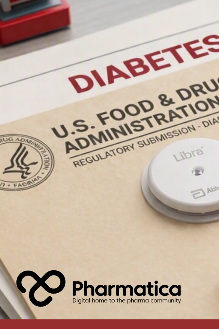 Pharmatica editorial close‑up of FDA regulatory submission materials for diabetes devices, featuring a Libre glucose sensor, red insulin pen, and red office stamps and pens on a beige folder labeled, &lsquo;U.S. Food & Drug Administration (FDA) &ndash; Regulatory Submission Diabetes Division,&rsquo; representing medical‑device approval and diabetes‑management technology.
