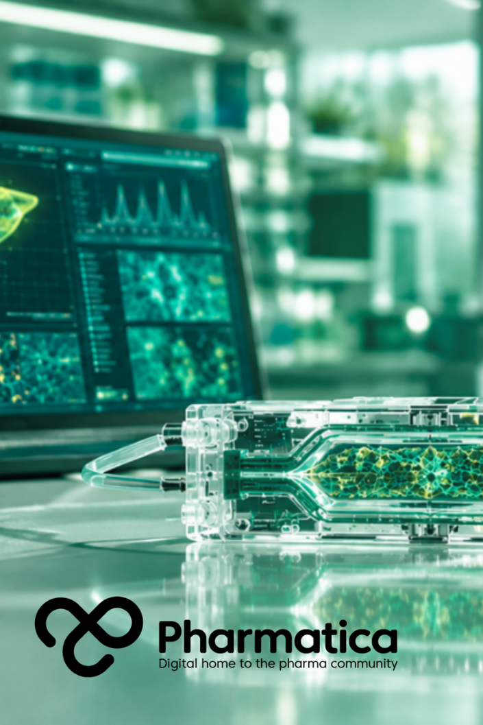 Pharmatica image of a human liver-chip platform used for liver-chip drug discovery and preclinical drug toxicity assessment in a pharmaceutical laboratory.
