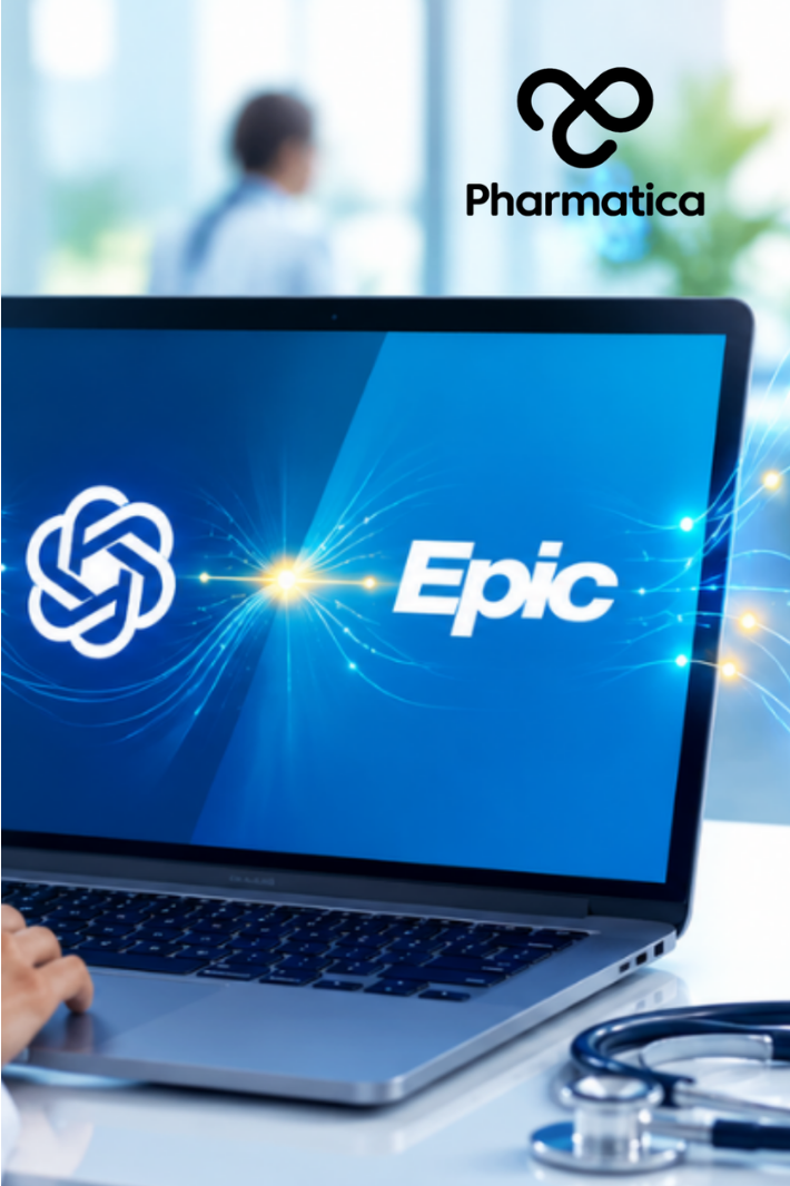 Pharmatica image showing a healthcare professional using AI in healthcare connecting OpenAI and Epic electronic health records through an integrated clinical data platform.
