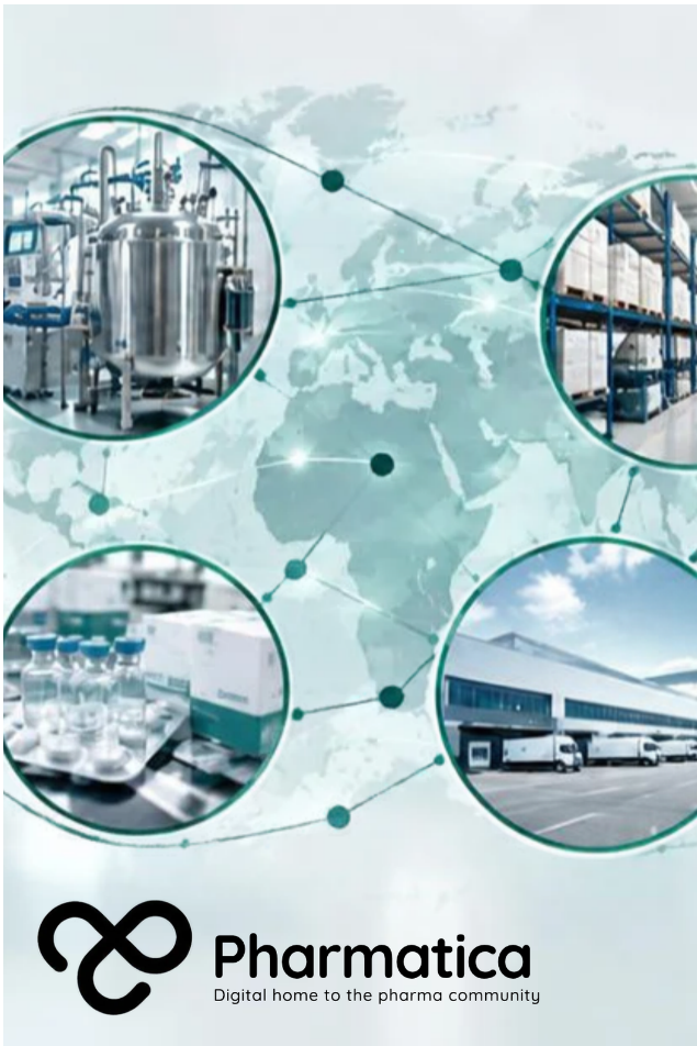 Pharmatica image showing a connected pharmaceutical manufacturing and supply chain network linking production, inventory, distribution, and medicine supply.