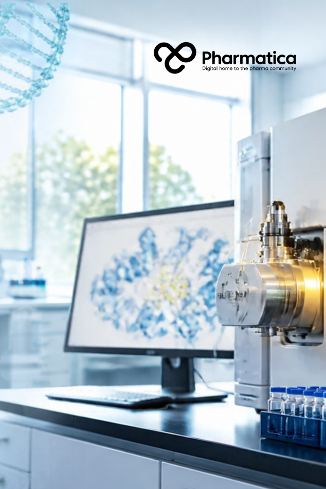 Pharmatica image of a modern proteomics laboratory with analytical equipment representing the mapping of healthy human proteins for AI-driven drug discovery.