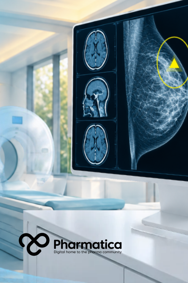 Pharmatica image of a bright radiology suite lit by natural light, with a soft blue imaging display and a glowing yellow highlight representing AI innovation in breast cancer screening.