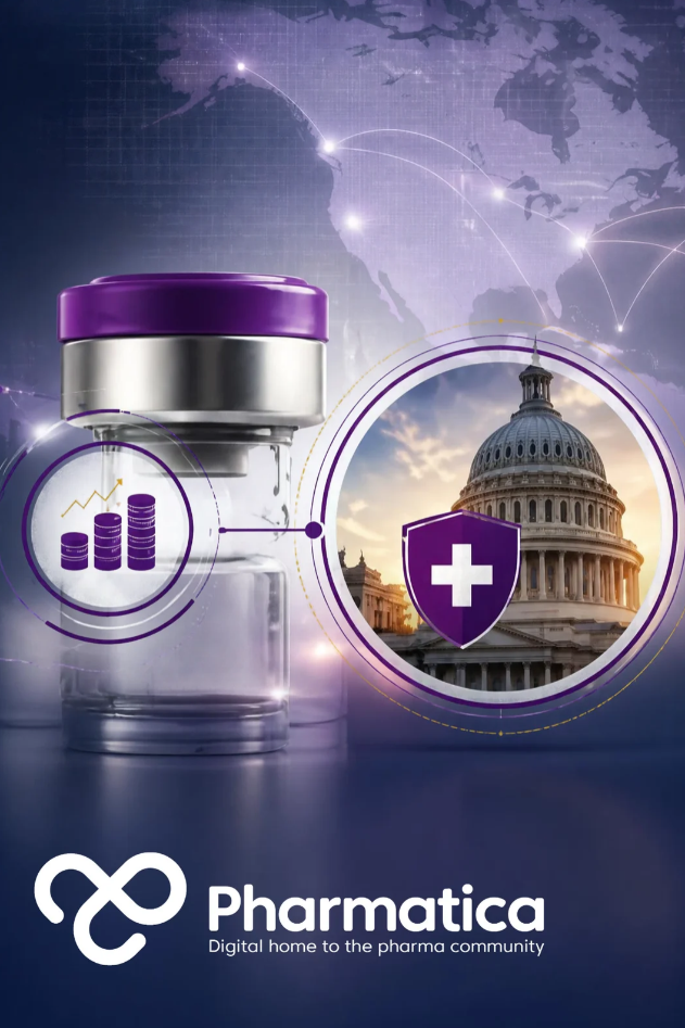 Pharmatica image showing a pharmaceutical medicines vial and abstract international pricing benchmark concept representing the Medicare GLOBE drug payment model.