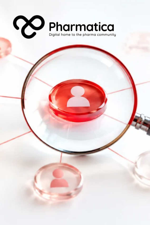 Pharmatica image showing a magnifying lens inspecting a connected pharmacovigilance vendor network beside regulatory documents, with vivid red accents.