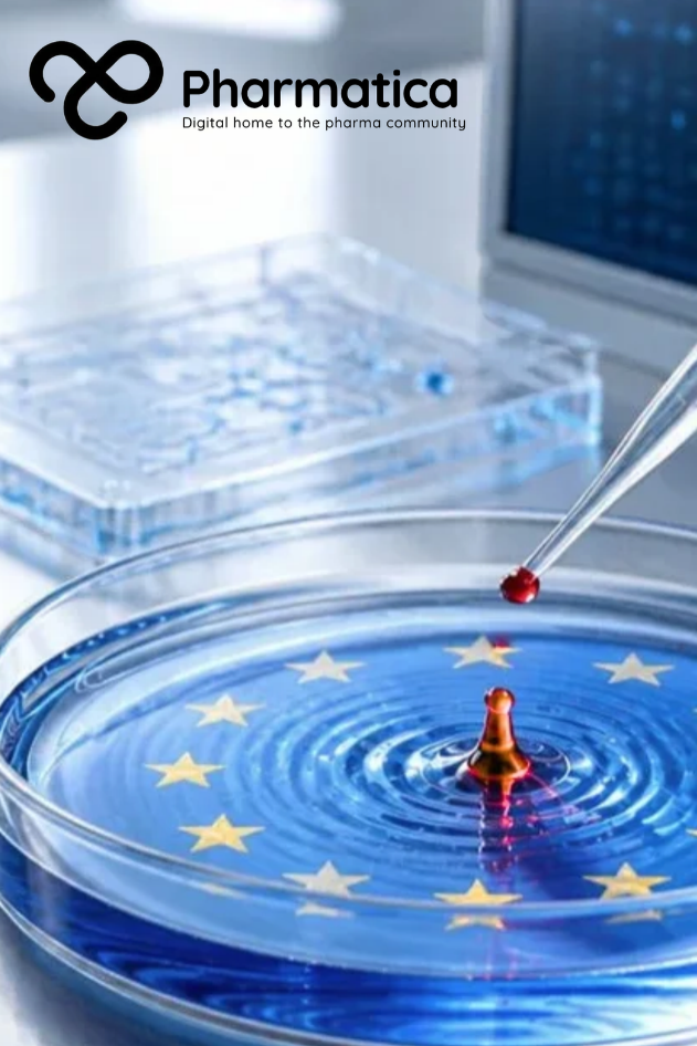 Pharmatica image of a petri dish filled with blue liquid and ringed by twelve gold stars, with a single red drop sending ripples across the surface. It illustrates the EU Biotech Act and the debate over medical AI safeguards.