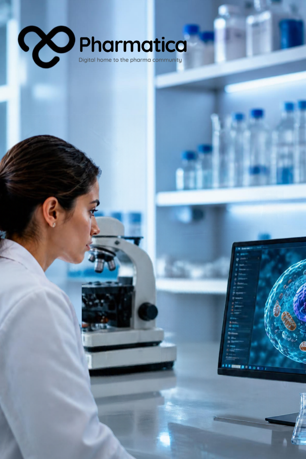Pharmatica image of a scientist viewing glowing cell imaging data on a screen in a bright laboratory with blue tones and a yellow AI highlight.