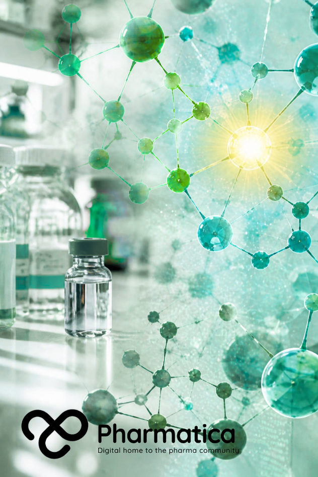 Pharmatica image showing a bright laboratory with a green molecular network and glowing AI node.