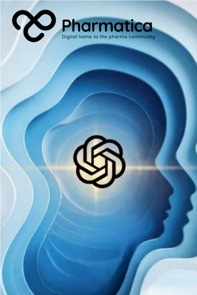 Pharmatica visual featuring a silhouette head in blue layers with a prominent yellow OpenAI logo inside the cranial space, representing OpenAI&rsquo;s MentalHealthBench.