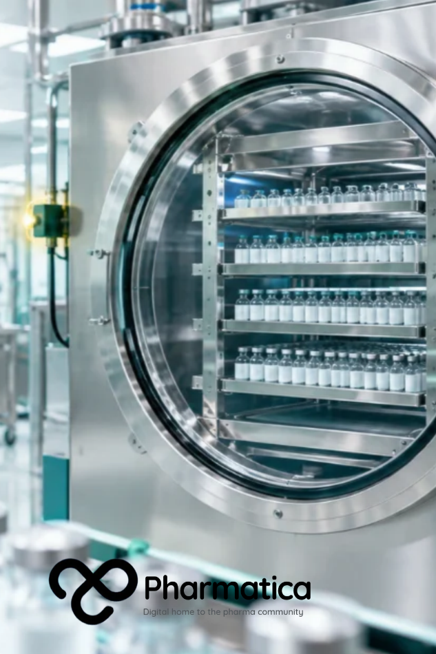 Pharmatica image of pharmaceutical freeze-drying technology showing a modern lyophilisation system with controlled process monitoring and digital manufacturing elements.