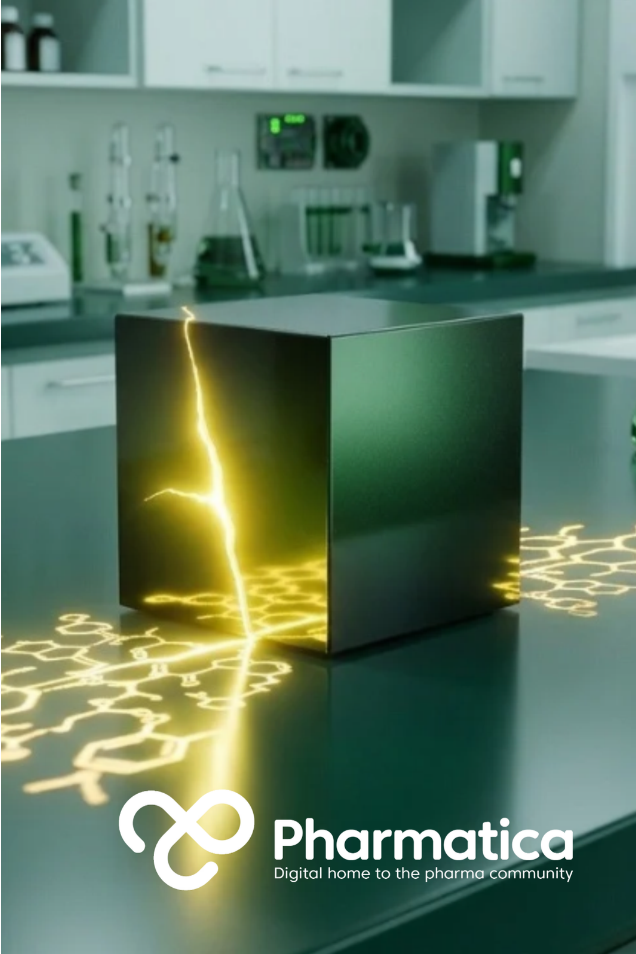 Pharmatica minimalist pharmaceutical laboratory bench featuring a central, polished black glass cube glowing with internal digital and molecular patterns, representing the black-box problem in AI-driven drug discovery.