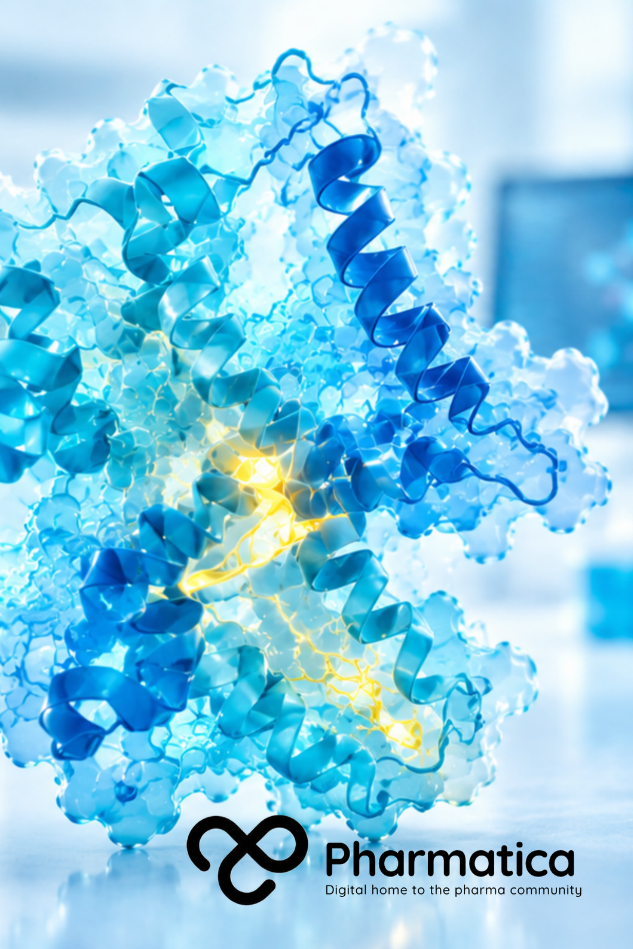 Pharmatica image of a photorealistic blue protein structure with a subtle yellow highlight representing AI-designed protein watermarking and biological provenance.