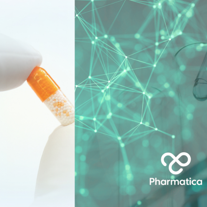 A split-screen digital graphic for "Drug Discovery and Pharmacoinformatics in 2026". On the left side, a gloved hand holds an orange and transparent capsule filled against a bright white background. The right side features a translucent teal overlay with a glowing, interconnected digital network superimposed over an image of a pipette dropping liquid. In the top right corner, the "Pharmatica" logo is visible, consisting of a white infinity-like loop emblem above the com