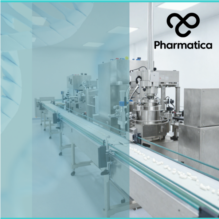 High-quality image of automated machinery for continuous pharmaceutical manufacturing with Pharmatica branding.