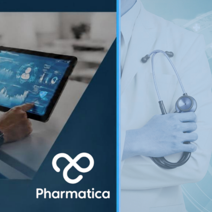 A healthcare clinician reviewing data on a tablet next to a doctor graphic, representing decentralised clinical trials pharma strategy.