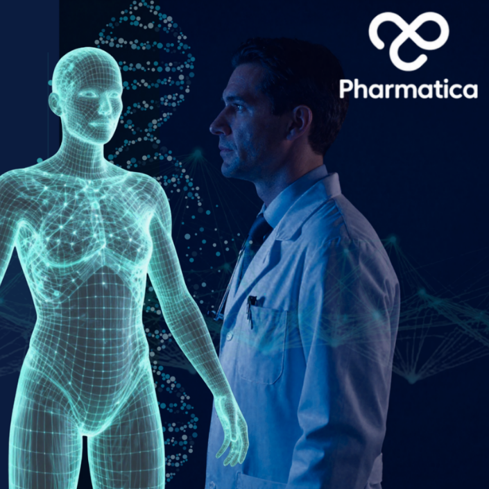 A collage featuring a 3D wireframe of a human body alongside a scientist in a lab coat looking at a digital DNA strand, with the Pharmatica logo in the top right. This represents 'Digital Twins in Clinical Trials'.
