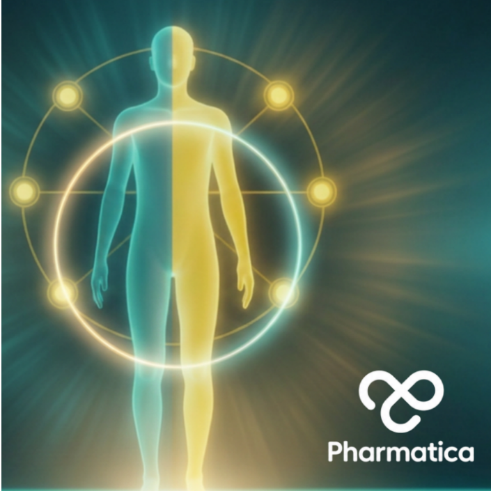 Biomarkers biological age illustration showing a human silhouette, DNA strands and AI-powered health analysis representing precision medicine and longevity research.