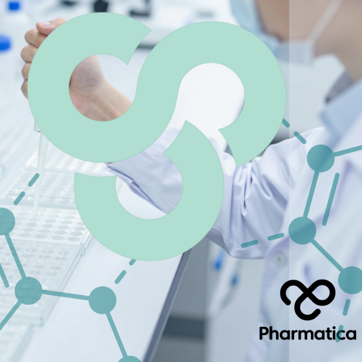 Pharmatica branded pharmaceutical research image featuring a laboratory scientist using a pipette, overlaid with molecular network graphics representing drug discovery, pharmaceutical R&D, and scientific innovation from integrated DMTA cycles.