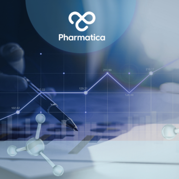 The headline image for the article on pharma R&D tech investment committee funding is made up of a financial data graphic showing a hand pointing a pen at analytical charts and a rising line graph with labeled data points. The Pharmatica logo is centered at the top within a blue circular gradient, and the image is framed by floating 3D molecular structures in the corners.