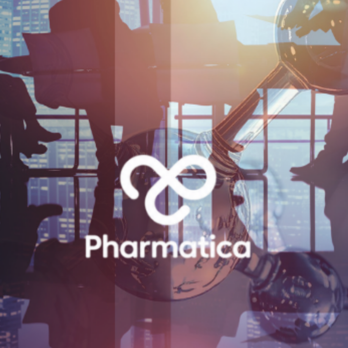 Strategic pharma intelligence concept featuring Pharmatica branding, molecular structures, global business leaders in discussion, and pharmaceutical innovation imagery, representing data-driven decision-making, industry analysis, and executive strategy in the life sciences sector.