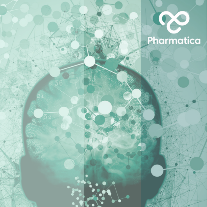The image to represent Innovation in Drug Discovery in Psychiatry features an abstract scientific graphic on a light green background with a translucent silhouette of a human head and brain map. Complex network nodes and chemical molecular patterns overlay the image, with a lab pipette and beaker on the left and the white Pharmatica logo in the top right corner.