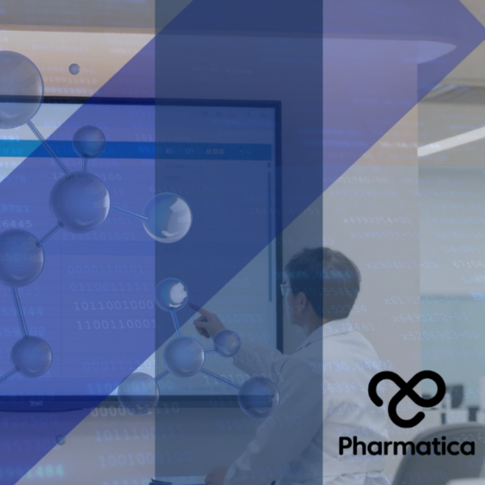 A digital graphic banner for "Pharmatica" with a corporate and scientific theme. In the background, a person wearing a white lab coat points toward a large digital smartboard displaying complex data spreadsheets, numbers, and binary code. The entire image is layered with geometric blue overlays, faint columns of alphanumeric characters, and a prominent 3D rendering of a blue molecular structure on the left side. In the bottom right corner is the white and black "Pharmatica" loop logo and name.