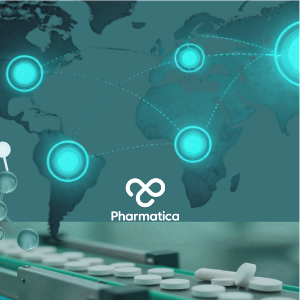 Graphic featuring a dark teal world map with glowing teal network nodes connected by dotted lines across various continents. The bottom portion shows white pills moving along a factory conveyor belt, with a translucent molecular structure on the left and the white "Pharmatica" logo in the bottom right corner.