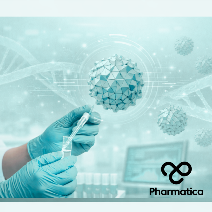 Scientist&rsquo;s gloved hands handling a vial and pipette in a bright laboratory with a glowing DNA helix and AAV capsid, representing advanced AAV vector manufacturing and gene therapy process development.