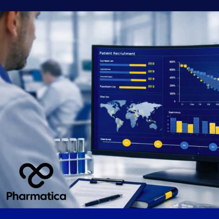 Pharmatica representation of deep learning in clinical trials, especially AI‑driven patient recruitment in clinical trials with a realistic laboratory setting and data visualisations, global site maps, and trial analytics dashboards illustrating machine learning in clinical trials, patient recruitment AI, and adaptive trial design AI.