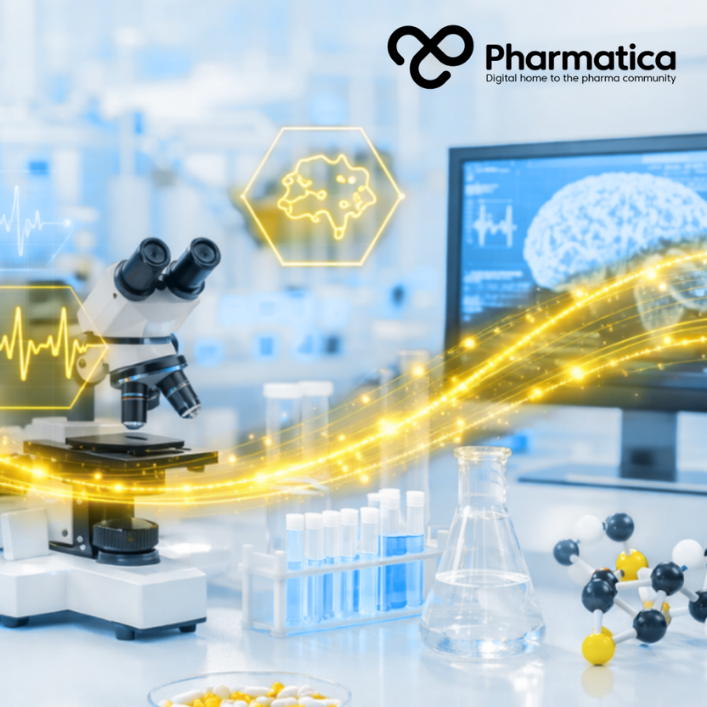 Pharmatica&rsquo;s AI in neuroscience graphical concept showing a digital brain connected to pharmaceutical research, precision psychiatry, biomarkers, and advanced artificial intelligence technologies.