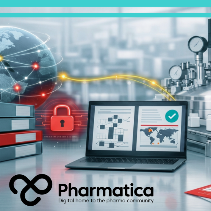 Pharmatica photo‑realistic representation of CMC regulatory submissions showing global data networks, secure digital dossier exchange, and pharmaceutical manufacturing integration &mdash; document binders, connected globe, red padlock cybersecurity icon, and industrial equipment with red‑capped vials illustrate digital CMC submissions, regulatory reliance, and manufacturing quality.