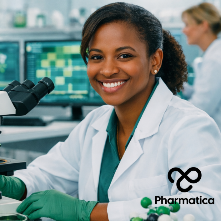 Pharmatica image of a modern pharmaceutical research laboratory representing drug discovery scientists using computational biology, structural biology, medicinal chemistry, and AI-assisted therapeutic research.