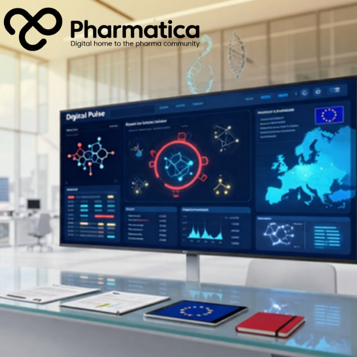 Pharmatica picture of European pharmaceutical innovation showing biotechnology research, advanced manufacturing, artificial intelligence, and regulatory collaboration supporting the European Life Sciences Strategy.