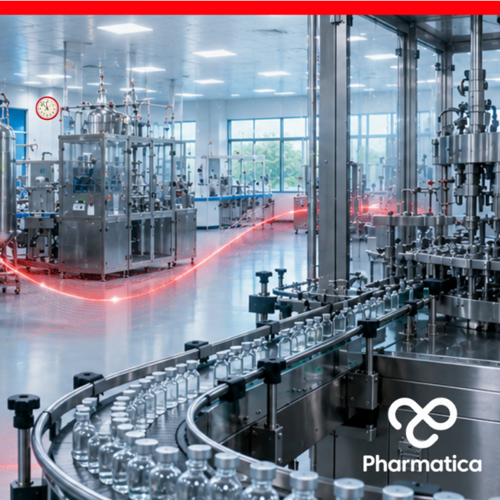 Modern pharmaceutical manufacturing facility with stainless steel equipment, automated vial conveyor, and red digital data wave overlay symbolising FDA regulatory oversight and digital quality systems.