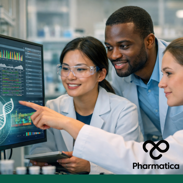 Scientists analysing diverse genomic datasets to support genomic equity, AI-driven drug discovery, and precision medicine in pharmaceutical research.