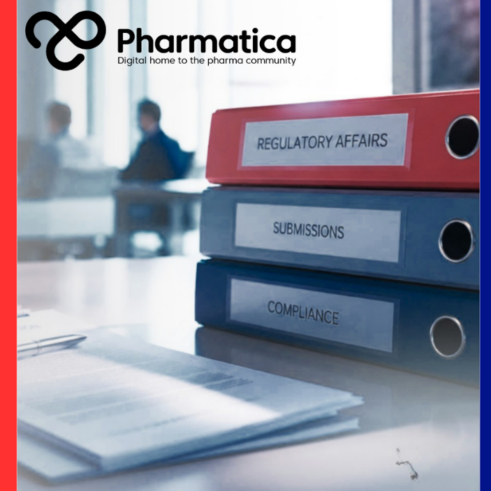 Pharmatica image of a modern pharmaceutical regulatory affairs workspace representing documentation, compliance, and submission processes essential for FDA drug approval. The scene shows three binders labeled &ldquo;Regulatory Affairs,&rdquo; &ldquo;Submissions,&rdquo; and &ldquo;Compliance&rdquo; on a clean office desk with documents and a pen in the foreground, while a blurred meeting of professionals is visible through a glass wall in the background. The composition conveys administrative precision and regulatory science underpinning.