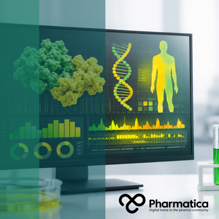 High‑resolution laboratory data visualisation screen showing molecular structures, DNA helix, and genomic charts in green and sunshine yellow against a clean white background, symbolising precision medicine and advanced drug discovery.