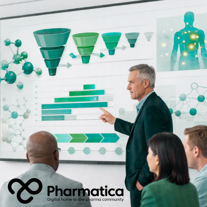 Pharmatica image showing a pharmaceutical R&D portfolio management meeting reviewing drug discovery pipeline progression, translational science, and pharmaceutical R&D success rates using evidence-based portfolio strategy.
