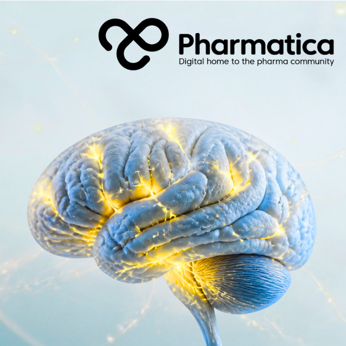 Pharmatica image showing an anatomically accurate human brain with subtle neural activation inspired by functional MRI imaging, representing psychedelic biotech, mental health therapeutics, CNS drug discovery, and AI-enabled pharmaceutical innovation.