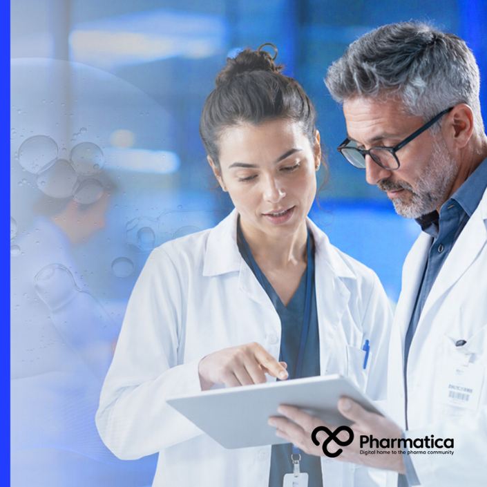 Pharmatica image showing two clinical researchers in white laboratory coats reviewing trial data on a digital tablet in a modern pharmaceutical research environment. The background shows laboratory equipment and translucent scientific graphics, symbolising adaptive clinical trial design, evidence‑driven decision‑making, and digital data integration in clinical development.